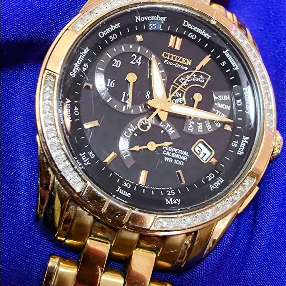 Citizen Corso Eco-Drive Perpetual Calendar Gold Tone Diamond Bezel Mens Watch - Picture 7 of 9